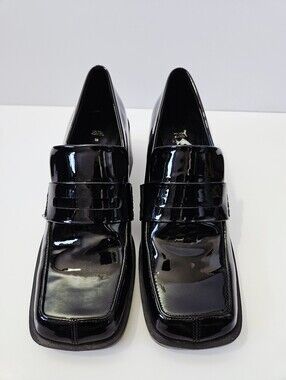 Zara Square Toe Loafer Heels Size 39 US 9 Black Patent Leather